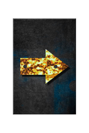 Arrow Right. Alphabet from letters, from rusty iron, on a wooden plank. Isolated on white background. Education. Design element.の写真素材