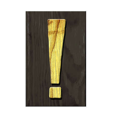 Exclamation point. Alphabet made of letters, made of wood, on a dark wooden plank. Isolated on white background. Education. Design element.の写真素材