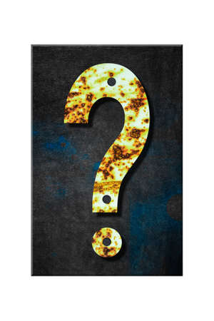 Question mark. Alphabet from letters, from rusty iron, on a wooden plank. Isolated on white background. Education. Design element.の写真素材