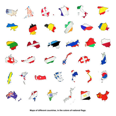Set, Flags different countries in the form of a map. Shadow. Isolated on white background. Signs and symbols. Design element. Flags.の写真素材