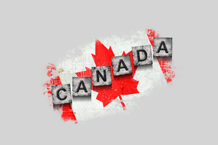 Canada, words on stone blocks, on grunge background of Canada flag. Isolated on white background. Design element. Signs and symbols.Countries.の写真素材