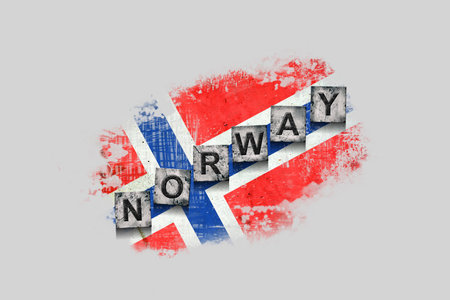Norway, words on stone blocks, on grunge background of Norway flag. Isolated on white background. Design element. Signs and symbols.Countries.の写真素材