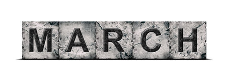 March, word on an alphabet on stone blocks, isolated on white background. Month of the year concept. Background.の写真素材