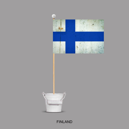 Grunge Flag of Finland on a stick, in a small bucket. Isolated on a gray background. Signs and symbols. Flags.Design element.の写真素材