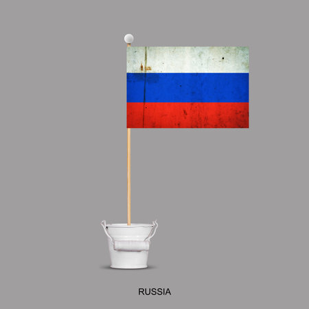 Grunge Flag of Russia on a stick, in a small bucket. Isolated on a gray background. Signs and symbols. Flags.Design element.の写真素材