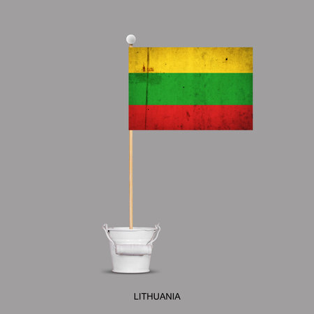 Grunge Flag of Lithuania on a stick, in a small bucket. Isolated on a gray background. Signs and symbols. Flags.Design element.の写真素材
