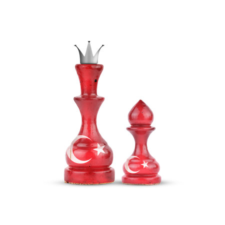 Chess Queen and pawn in the colors of the Turkey Flag. Isolated on white background. Sport. Politics. Design object.の写真素材