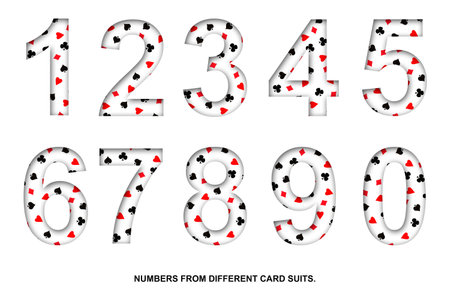 Set, digits, from various card suits. Shadow. Isolated on a white background. Decorative font. Gambling. Design element.の写真素材