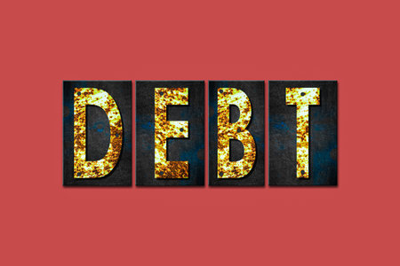 Debt. Word from rusty letters, on a red background. Business. Background.の写真素材