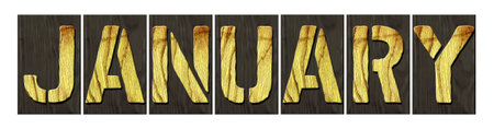 January. Word from wooden letters. Isolated on white background. Months of the year. Design element. Background.の写真素材