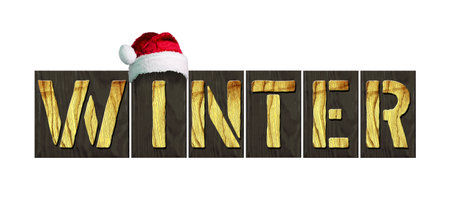Winter. Word from wooden letters, With Santa Claus's hat, isolated on white background. Seasons. Background.の写真素材