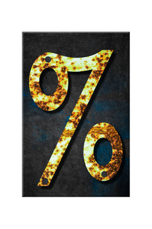 Percent sign. Alphabet from letters, from rusty iron, on a wooden plank. Isolated on white...