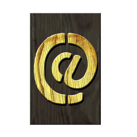 Sign. Email. Alphabet made of letters, made of wood, on a dark wooden plank. Isolated on white background. Education. Design element.の写真素材