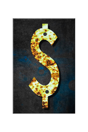 Sign Dollar. Alphabet from letters, from rusty iron, on a wooden plank. Isolated on white background. Education. Design element.の写真素材