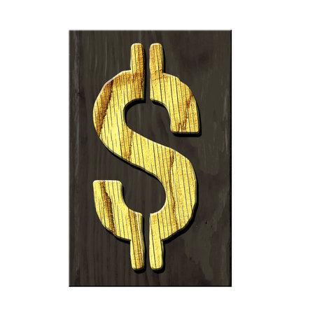 Sign. Dollar. Alphabet made of letters, made of wood, on a dark wooden plank. Isolated on white background. Education. Design element.の写真素材