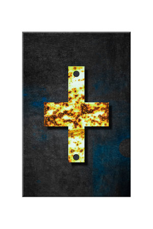 Sign. Plus. Alphabet from letters, from rusty iron, on a wooden plank. Isolated on white background. Education. Design element.の写真素材