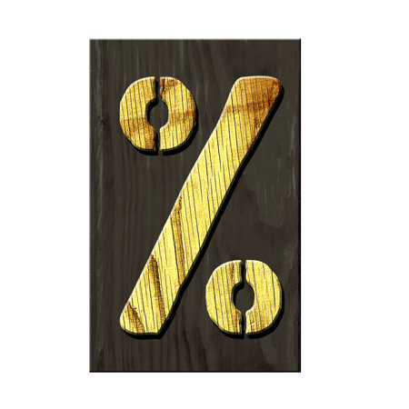 Sign. Percent. Alphabet made of letters, made of wood, on a dark wooden plank. Isolated on white background. Education. Design element.の写真素材
