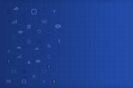 Tech blue background with different social icons. Gradient. Grid. copy space. Background.の写真素材