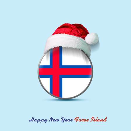 Happy New Year Faroe Island. Round badge in the colors of the Faroe Island flag, and a Santa Claus Hat. Isolated on a white background. Design elementの写真素材