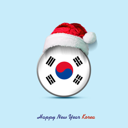 Happy New Year Korea. Round badge in the colors of the Korea flag, and a Santa Claus Hat. Isolated on a white background. Design element.の写真素材