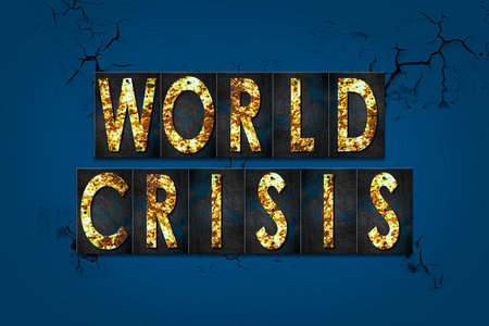 World crisis. Words from rusty letters, on a cracked blue wall. Business. Background.の写真素材