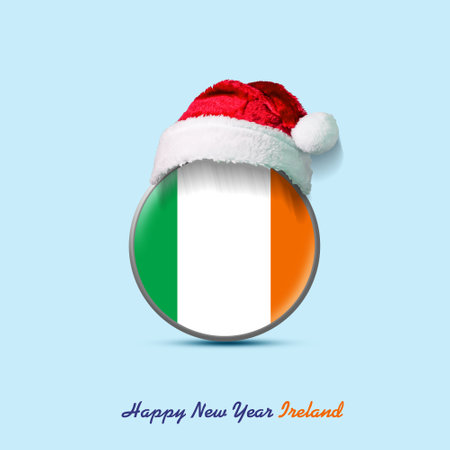 Happy New Year Ireland. Round badge in the colors of the Ireland flag, and a Santa Claus Hat. Isolated on a white background. Design element.の写真素材