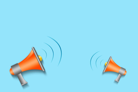 Two megaphones pointing in different directions. To attract attention. Discounts. News. copy space. Business. Finance. Lifestyle Backgroundの写真素材