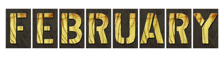 February. Word from wooden letters. Isolated on white background. Months of the year. Design element. Background.の写真素材