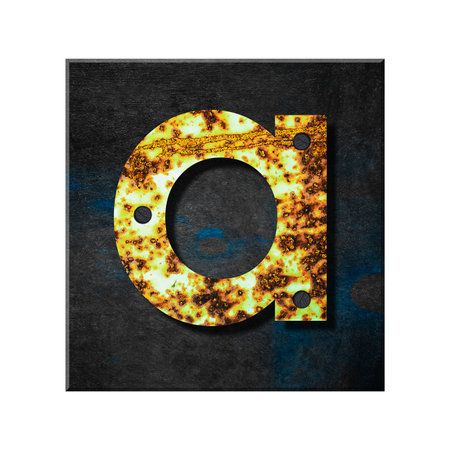 Letter a. Lower case. Alphabet from letters, from rusty iron, on a wooden plank. Isolated on white background. Education. Design element.の写真素材