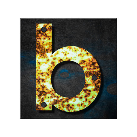 Letter b. Lower case. Alphabet from letters, from rusty iron, on a wooden plank. Isolated on white background. Education. Design element.の写真素材