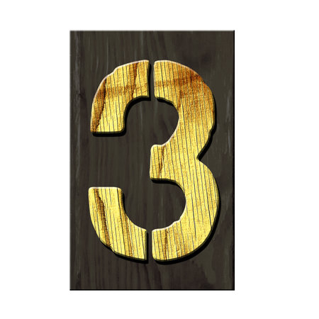 Digit 3. Alphabet made of letters, made of wood, on a dark wooden plank. Isolated on white background. Education. Design element.の写真素材
