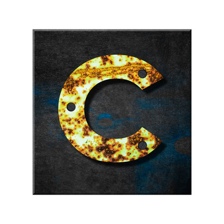 Letter c. Lower case. Alphabet from letters, from rusty iron, on a wooden plank. Isolated on white background. Education. Design element.の写真素材