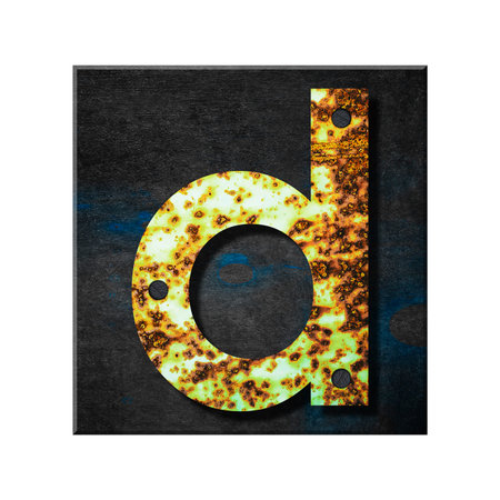 Letter d. Lower case. Alphabet from letters, from rusty iron, on a wooden plank. Isolated on white background. Education. Design element.の写真素材