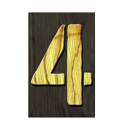 Digit 4. Alphabet made of letters, made of wood, on a dark wooden plank. Isolated on white background. Education. Design element.の写真素材