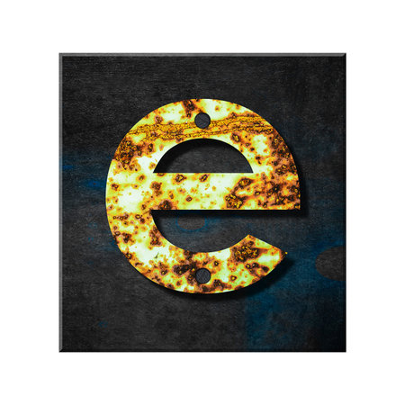 Letter e. Lower case. Alphabet from letters, from rusty iron, on a wooden plank. Isolated on white background. Education. Design element.の写真素材