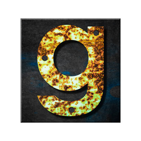 Letter g. Lower case. Alphabet from letters, from rusty iron, on a wooden plank. Isolated on white background. Education. Designの写真素材