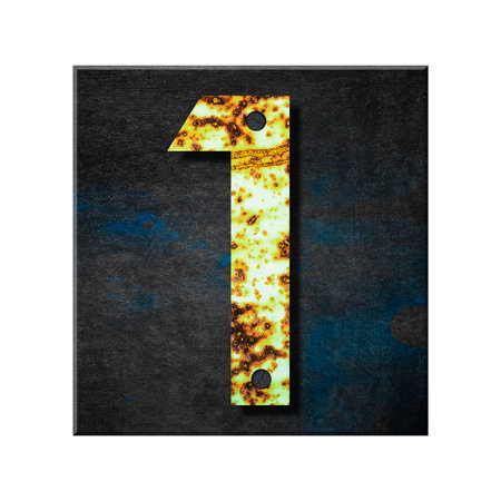 Digit 1. Alphabet from letters, from rusty iron, on a wooden plank. Isolated on white background. Education. Designの写真素材