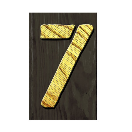 Digit 7. Alphabet made of letters, made of wood, on a dark wooden plank. Isolated on white background. Education. Designの写真素材