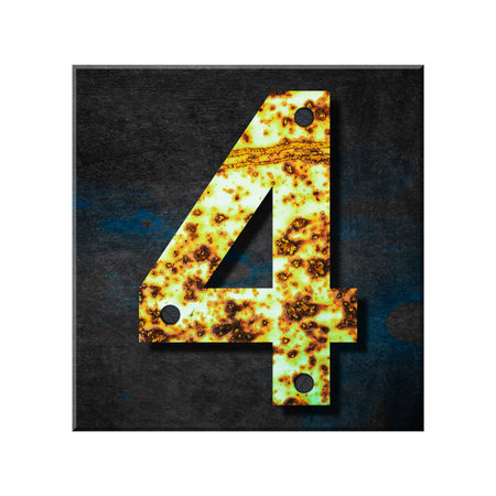 Digit 4. Alphabet from letters, from rusty iron, on a wooden plank. Isolated on white background. Education. Designの写真素材