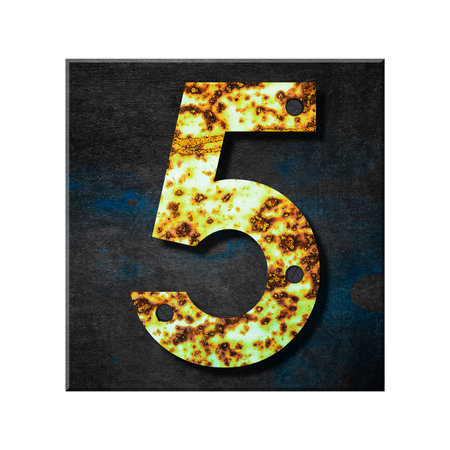 Digit 5. Alphabet from letters, from rusty iron, on a wooden plank. Isolated on white background. Education. Designの写真素材