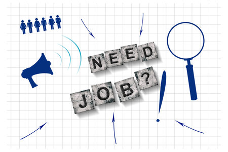 Need a Job. Concept with words on stone blocks, and different icons, on a white sheet. Magnifying glass, arrows, megaphone, people icons. Business.の写真素材
