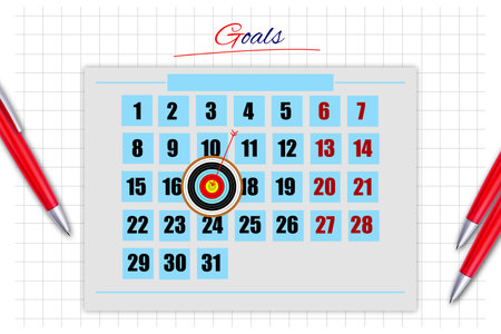 Goals concept. Calendar with the date marked as a target with an arrow. Business.の写真素材