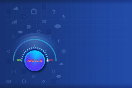Concept of skills. Increasing the level of knowledge. Power control turned to maximum. Dark blue background. copy space. Education. Business. Lifestyle.の写真素材
