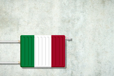 Heating battery, in the colors of the Italy flag on a concrete wall. Copy space. Raising heating prices. Heat saving. Energy crisis. Background.の写真素材