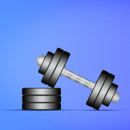 Dumbbell with disks on a blue, gradient background. Shadow. Copy space. Place for text. Sports equipment, gym, fitness. Sports background.の写真素材