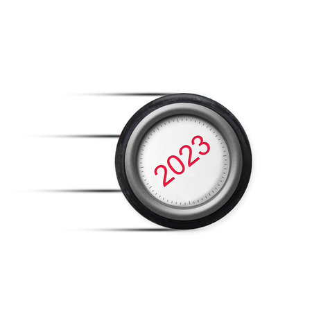 2023. Numbers in a car wheel. Isolated on white background. The approach of the new year. Holidays. Background.の写真素材