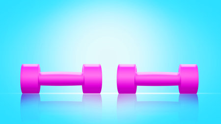 Small pink dumbbells, on a blue background. Reflection. Sports Equipment. Sports, Fitness background. Copy space. Place for text. Sport. Relaxation backgroundの写真素材