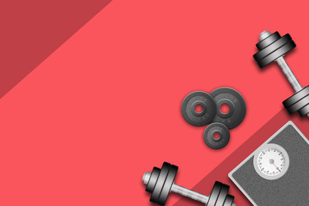 Scales and dumbbells with disks different weights, on a red background. 3D Illustration.Weight loss concept. Sports. Copy space. Sport. Lifestyle.の写真素材