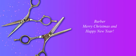 Happy New Year and Merry Christmas Barber. Greeting card for the hairdresser. Hairdressing scissors on a pink background.Copy space. Holidays. Background.の写真素材