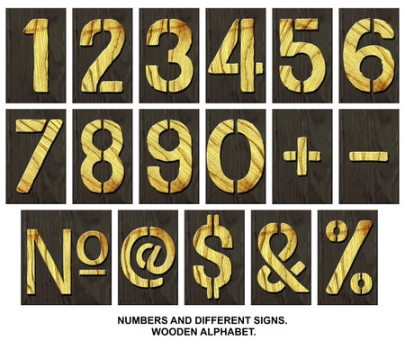 Different numbers and signs. Alphabet made of letters, made of wood, on a dark wooden plank. Isolated on white background. Education. Design element.の写真素材